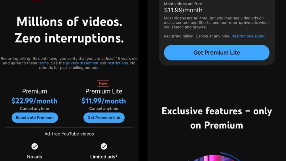 Google證實在美國、澳洲及泰國測試價格更低的YouTube Premium Lite訂閱方案