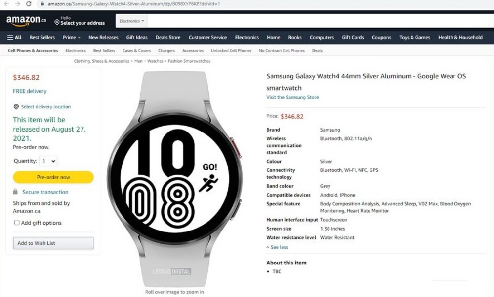 三星Galaxy Watch 4 系列智慧手錶意外在加拿大亞馬遜上架顯示將在8/27